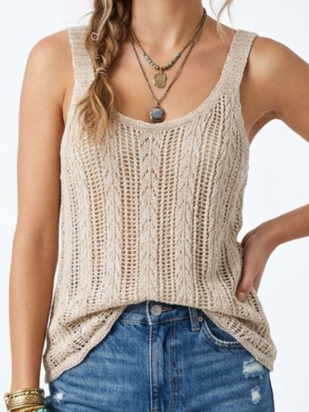 PINK REPUBLIC Crochet Knit Sweater Tank Top Cream XS